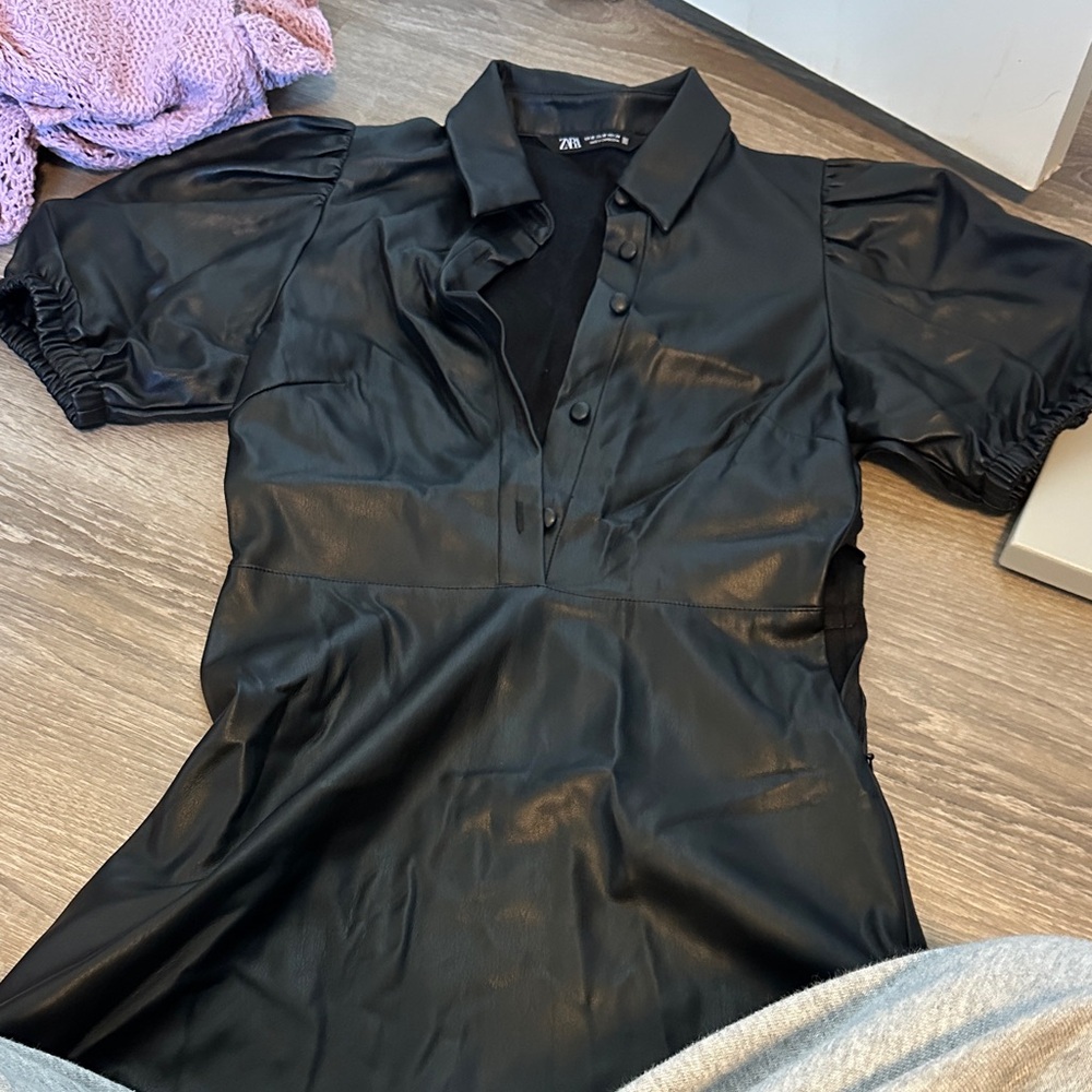 Zara Black Faux Leather Puff Sleeve Dress